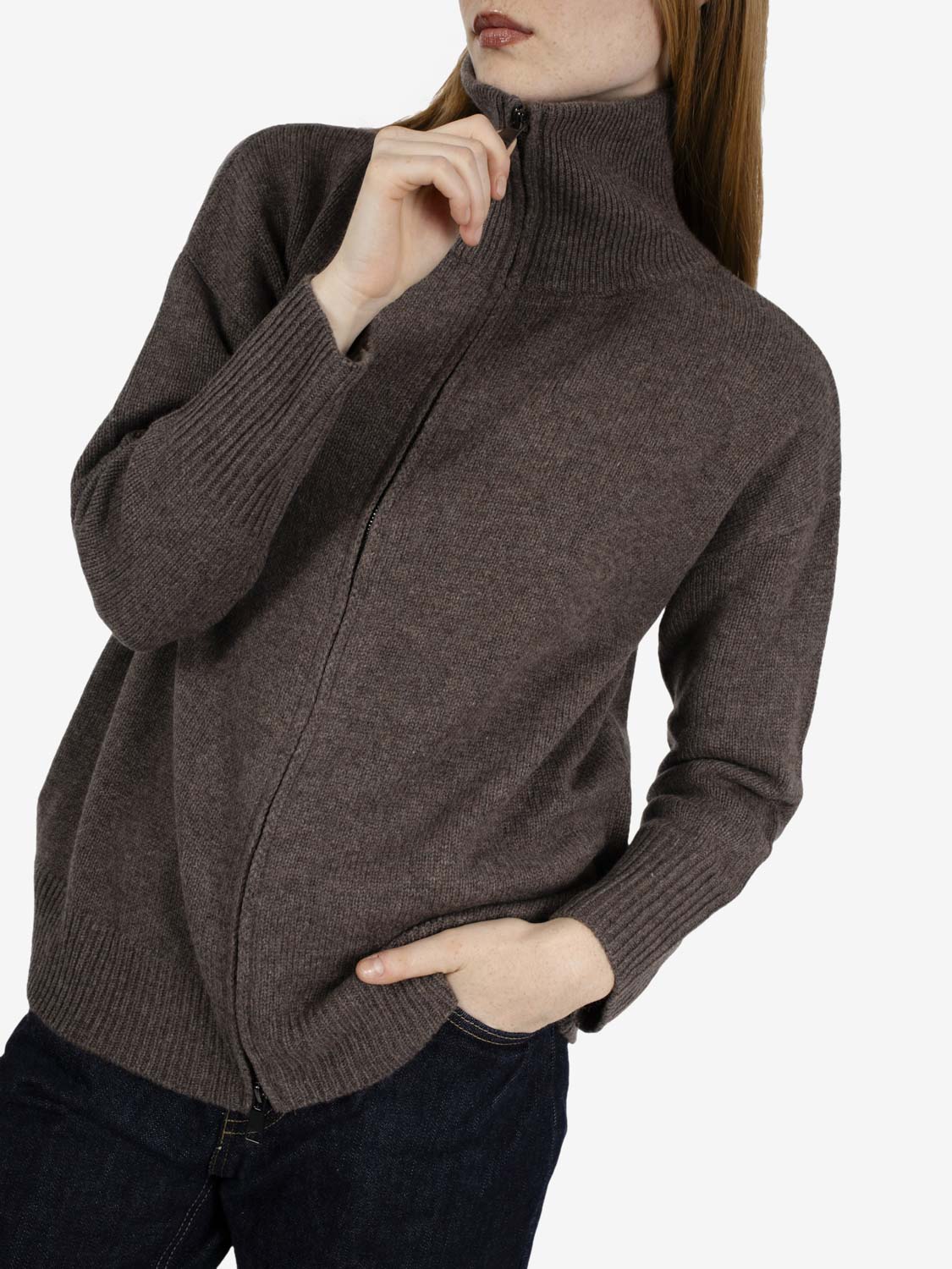 Dark brown high-neck zip-up cardigan