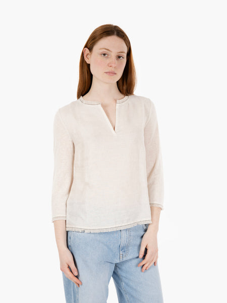 Maglia a 3/4 orli sfrangiati beige
