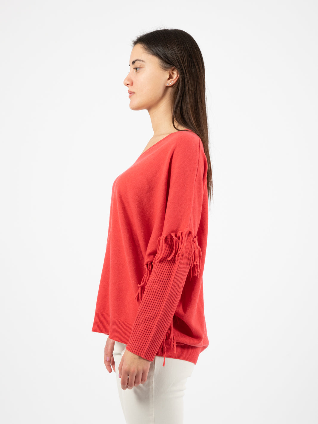 Maglia a V frange corallo