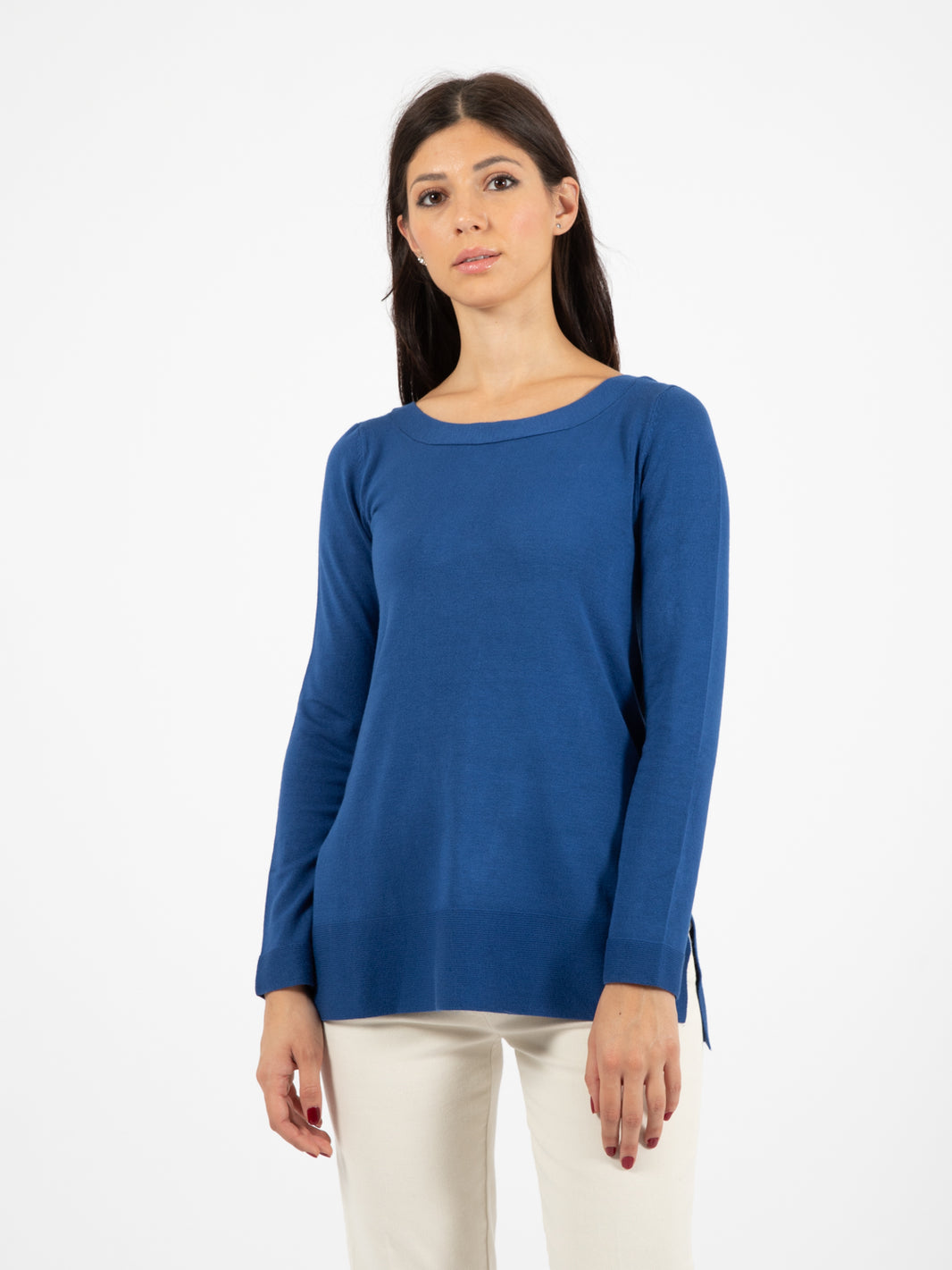 Boat neck sweater with side slits in Chinese blue