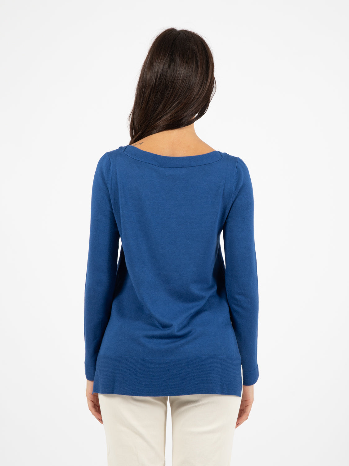 Boat neck sweater with side slits in Chinese blue