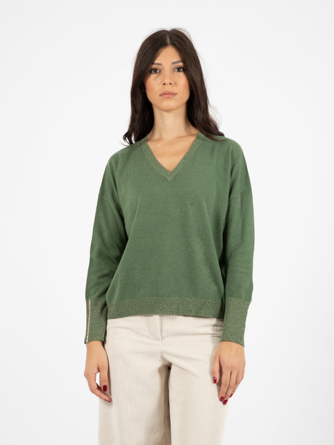 Maglia scollo a V lurex rosmarino