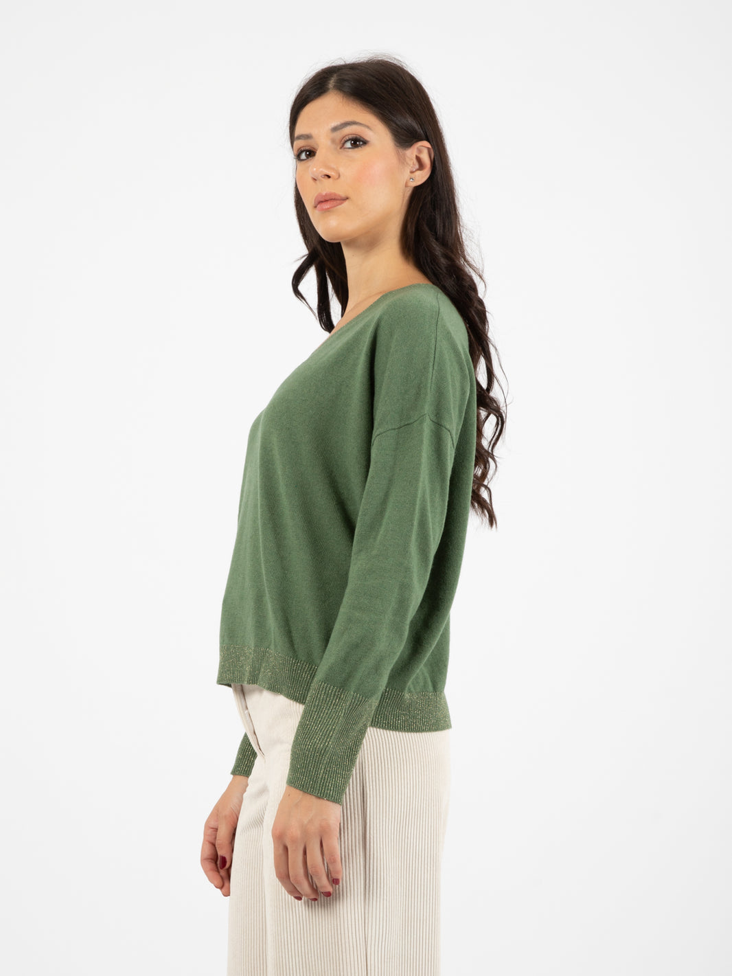 Maglia scollo a V lurex rosmarino
