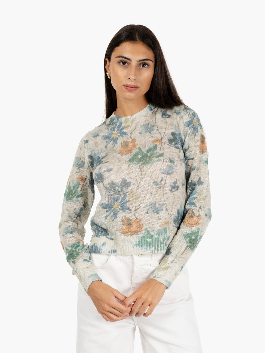 Khaki floral print crew neck sweater