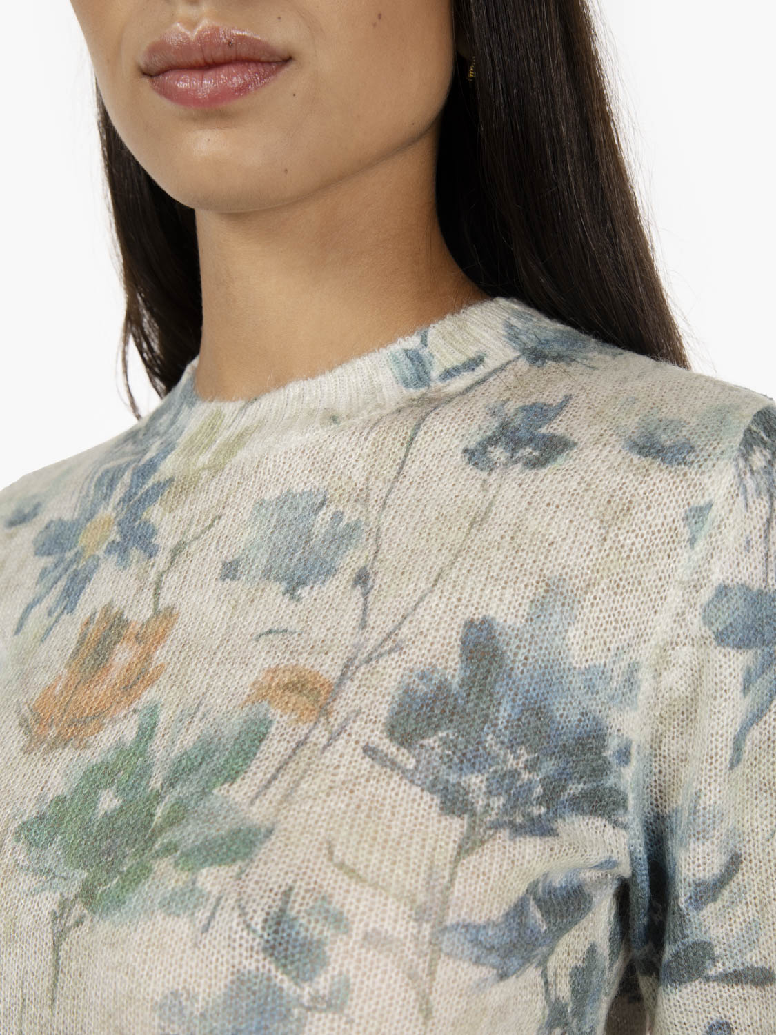 Khaki floral print crew neck sweater