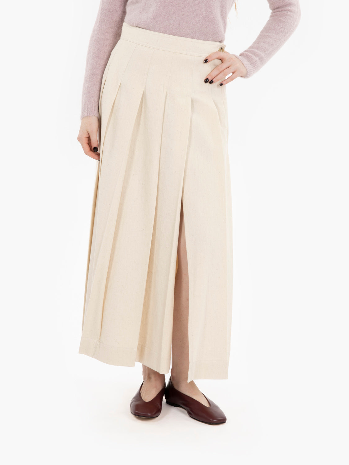 Cream pleated wrap midi skirt