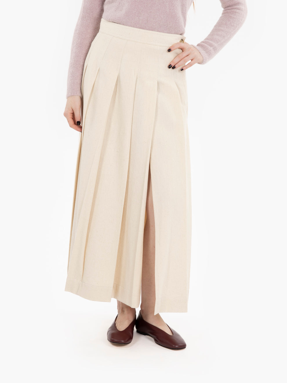 Cream pleated wrap midi skirt