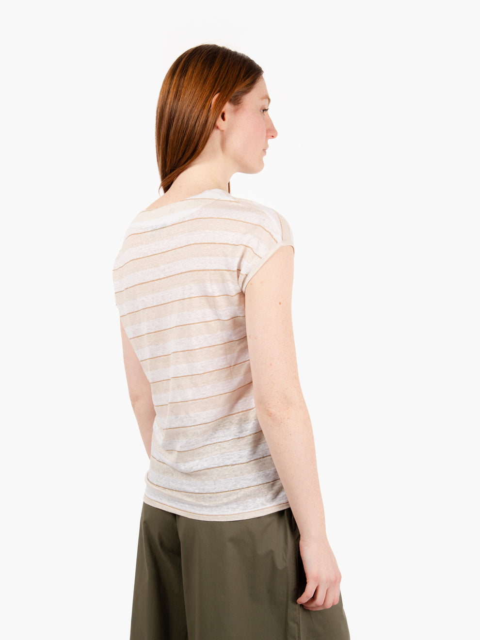 T-shirt in lino a righe bianco / beige