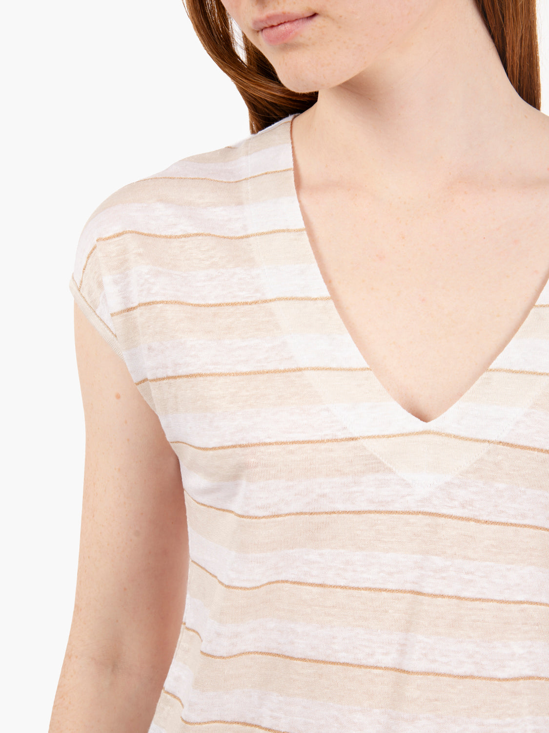 T-shirt in lino a righe bianco / beige
