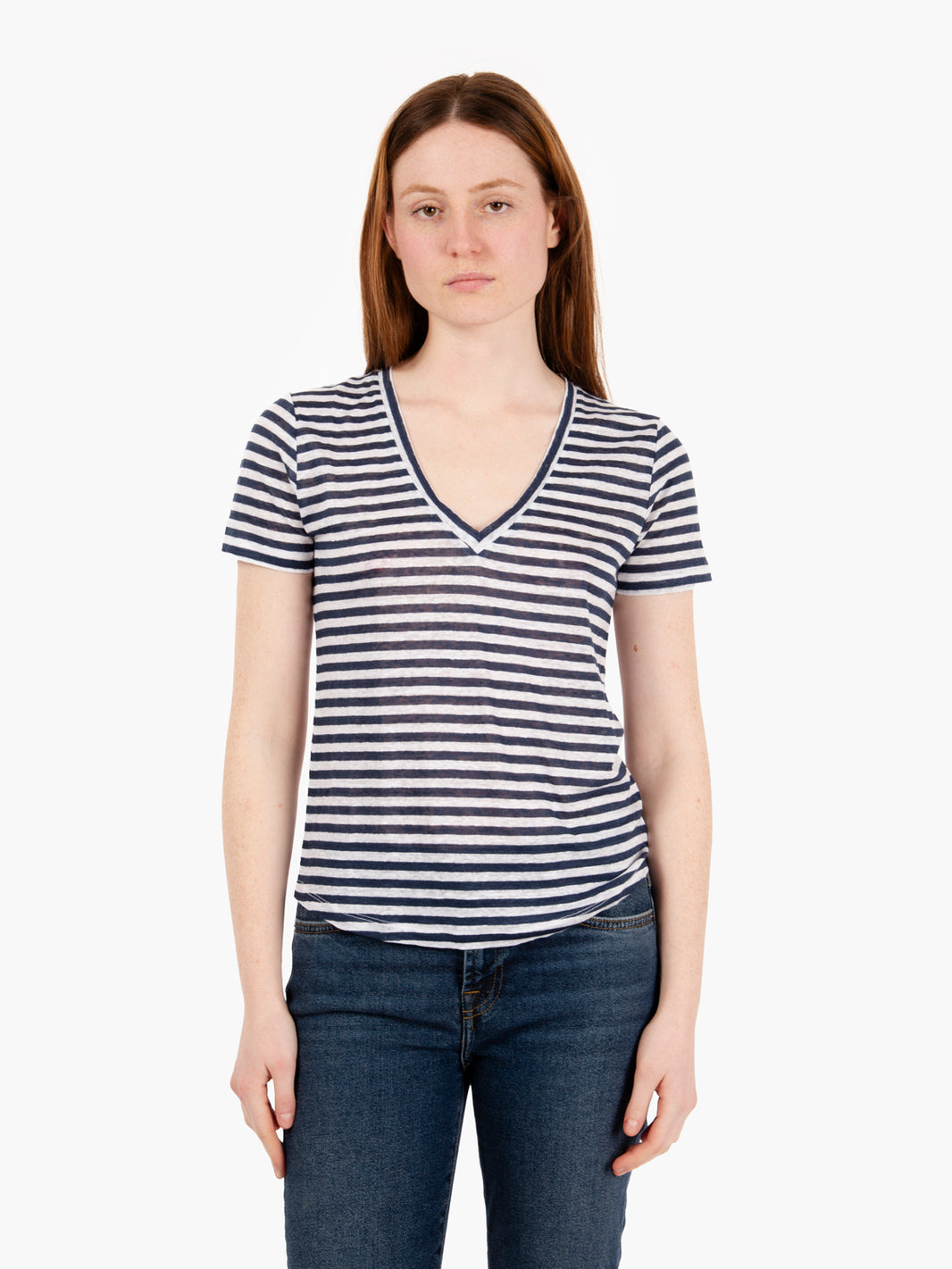 T-shirt in lino leggero a righe bianco / blu
