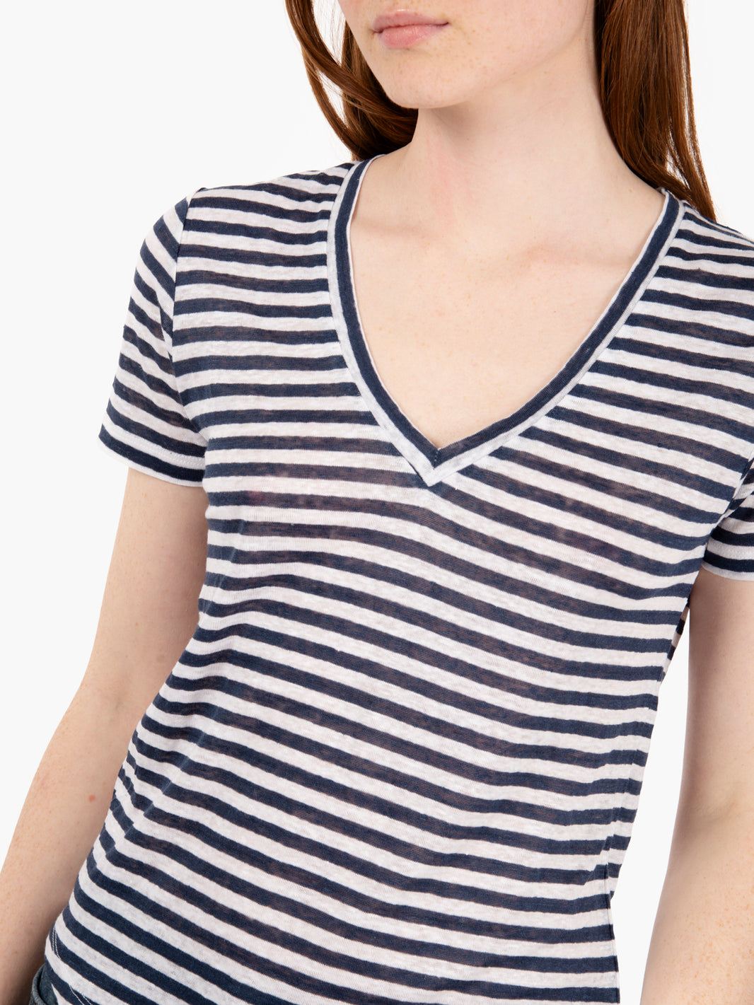 T-shirt in lino leggero a righe bianco / blu