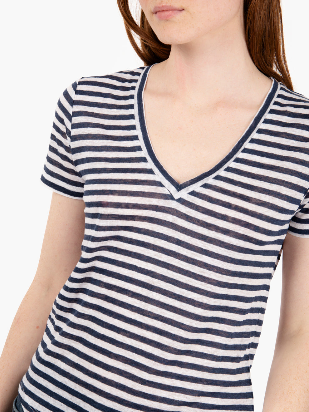 T-shirt in lino leggero a righe bianco / blu