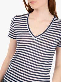 T-shirt in lino leggero a righe bianco / blu