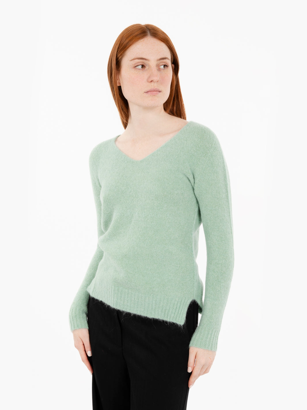 Green Wool Blend V-Neck Sweater