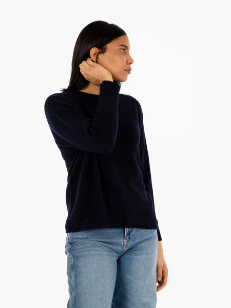 Maglione crop con collo a cratere in lana blu