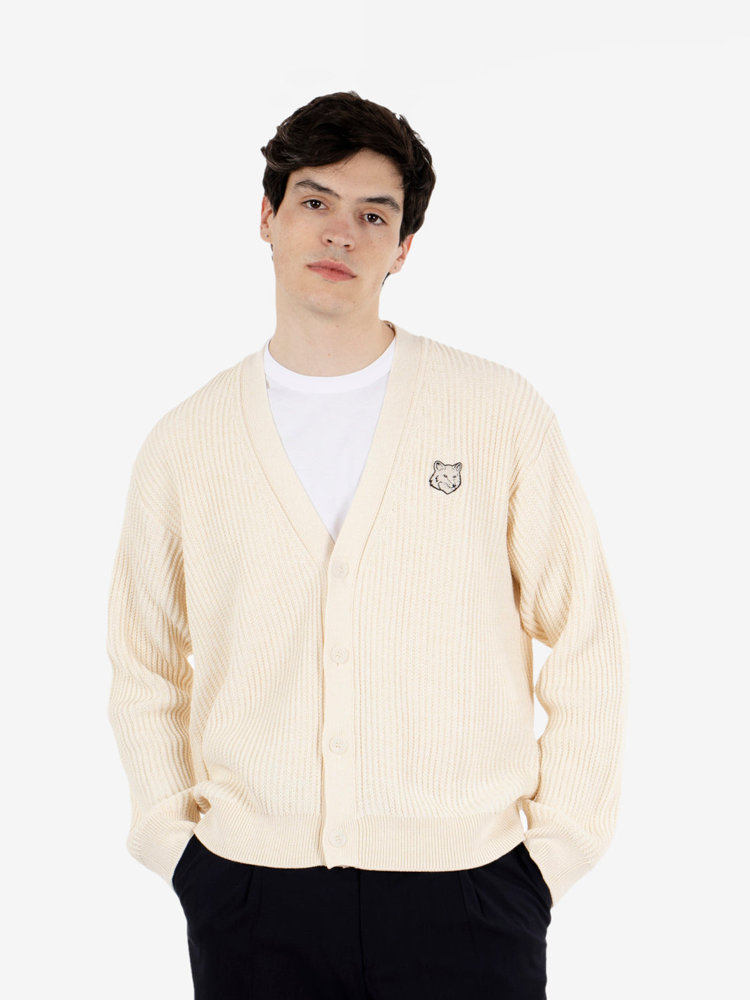 Fox Head cotton ribbed cardigan sandshell