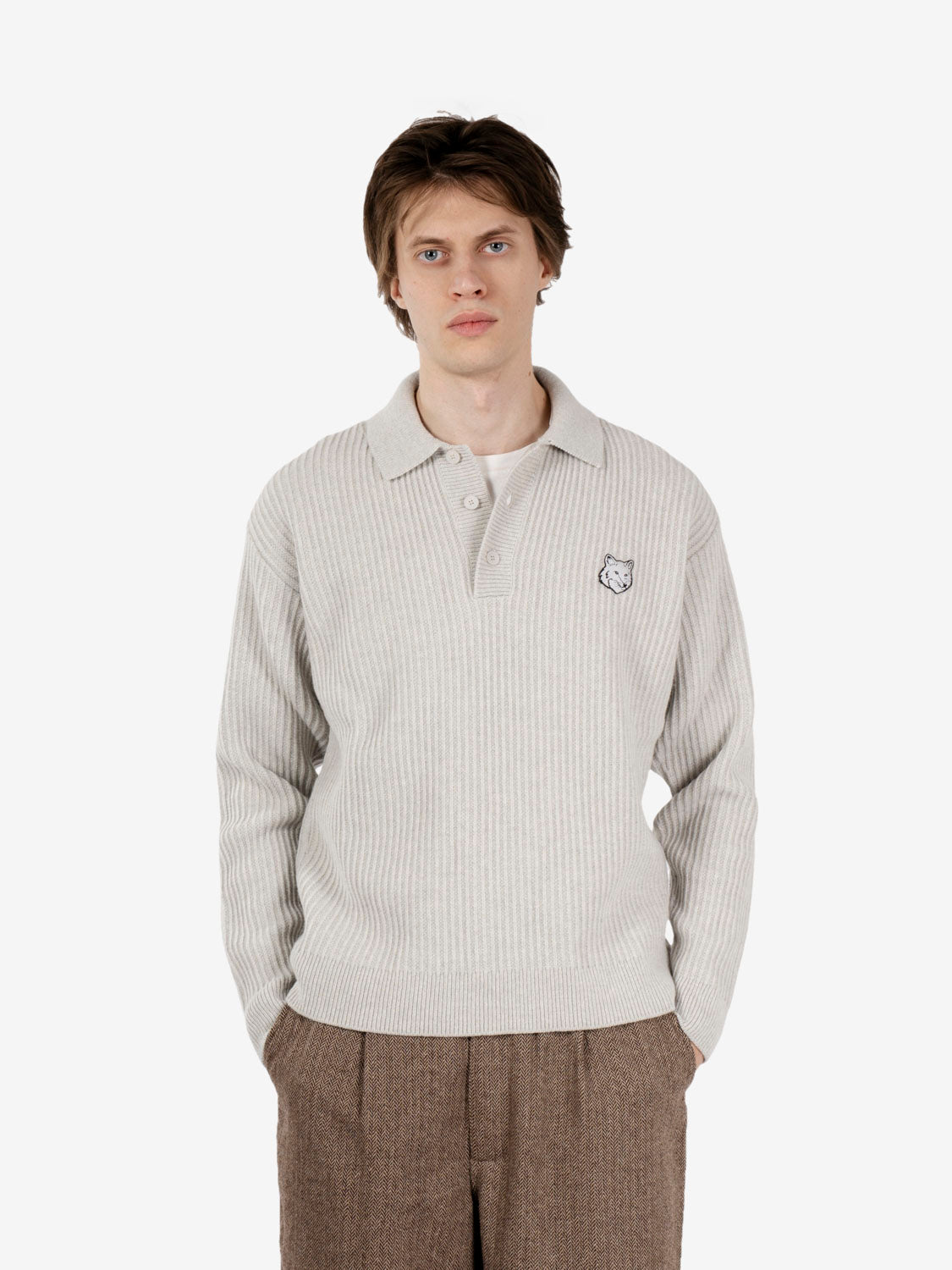 Fox Head wool ribbed polo jumper light grey