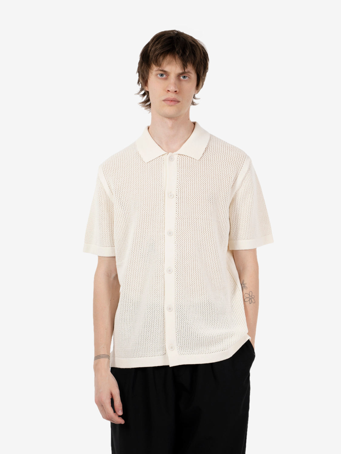 Open knit short sleeve cardigan ecru