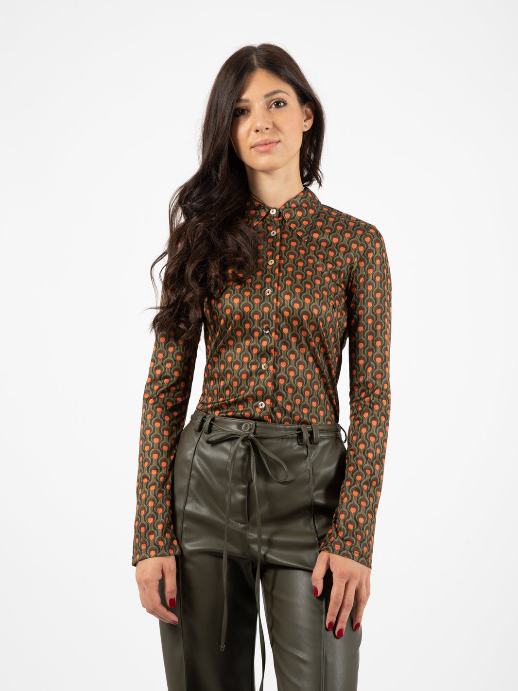 Frieze print shirt green / brown / orange