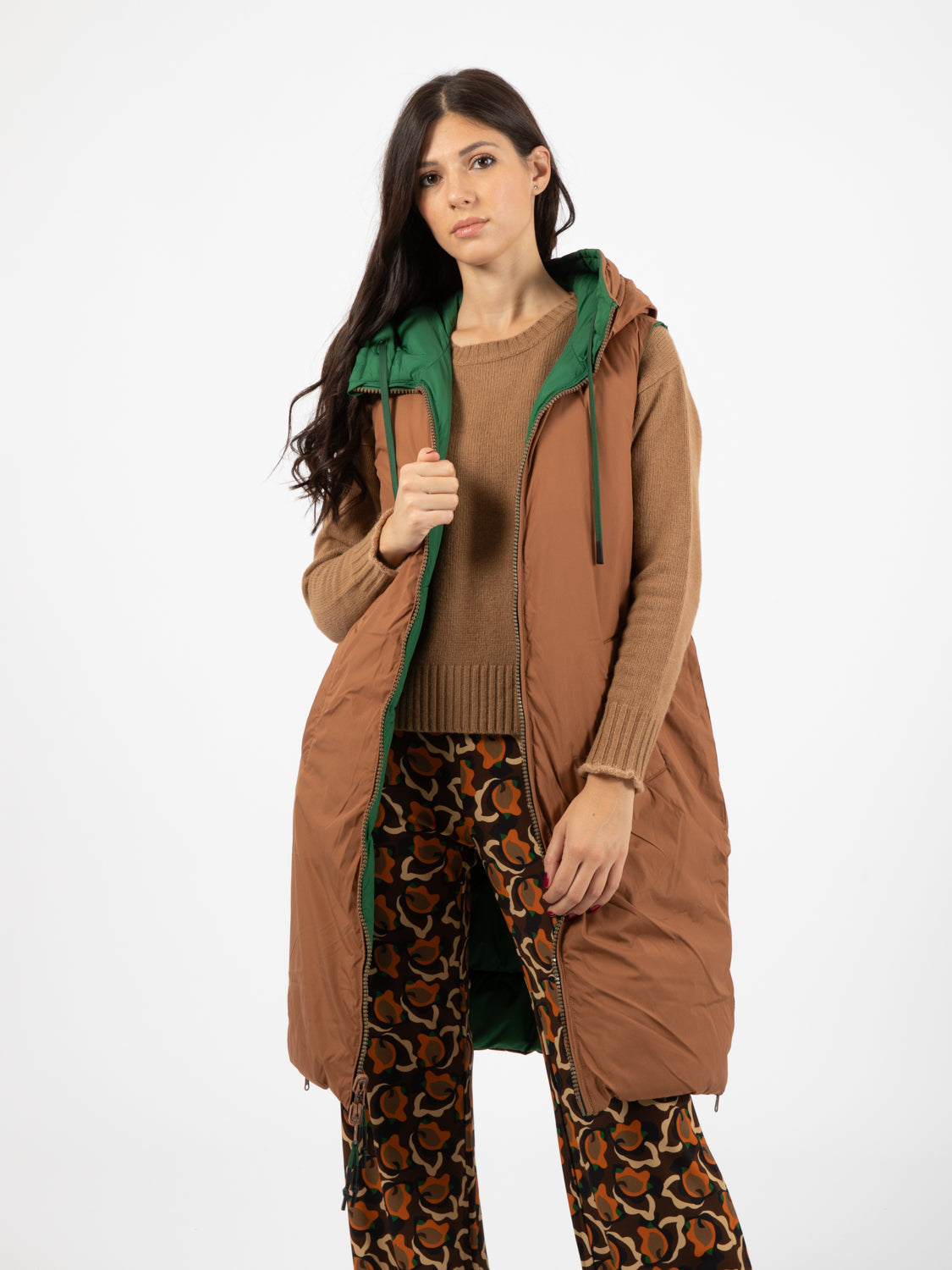 Green/brown double-face long vest