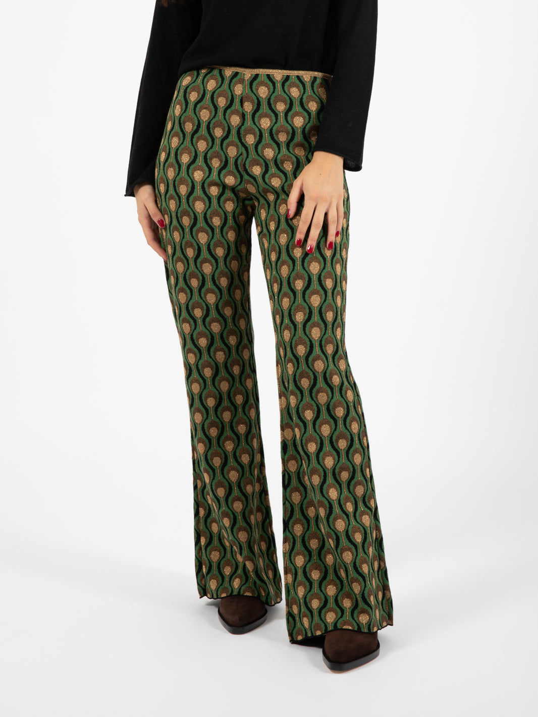 Comfort jacquard flare trousers black / dark green