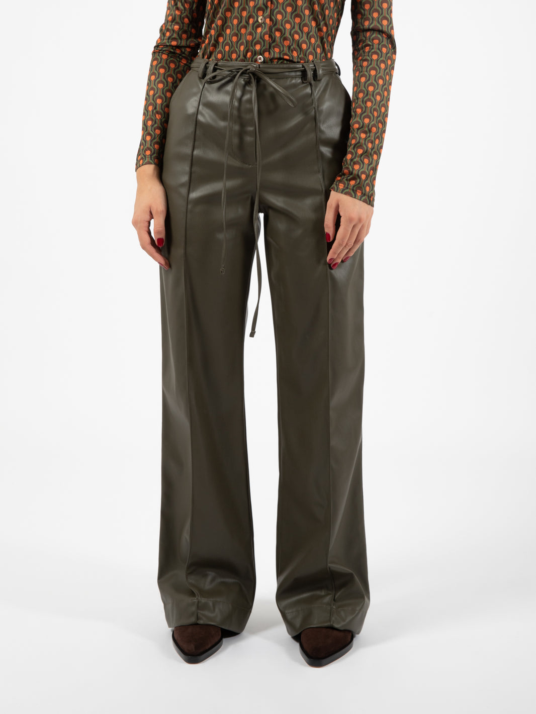 Military green faux leather trousers