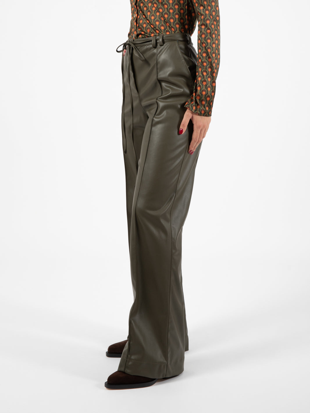 Military green faux leather trousers