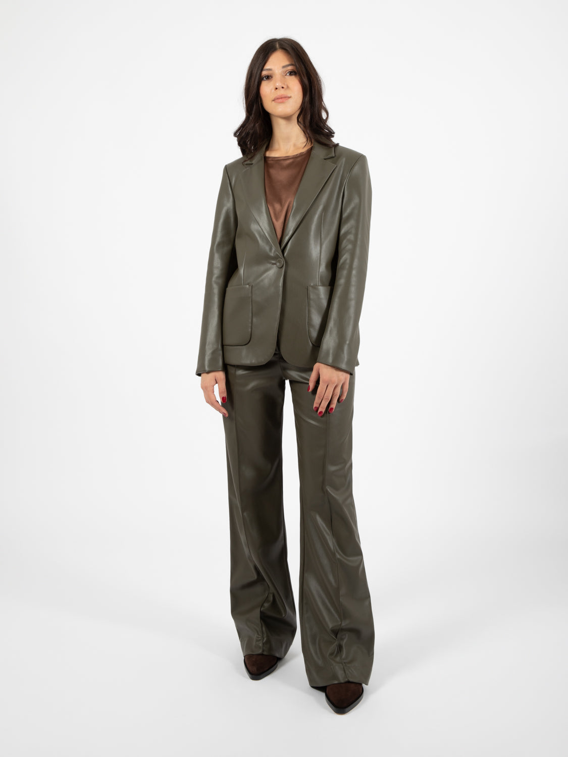 Military green faux leather trousers