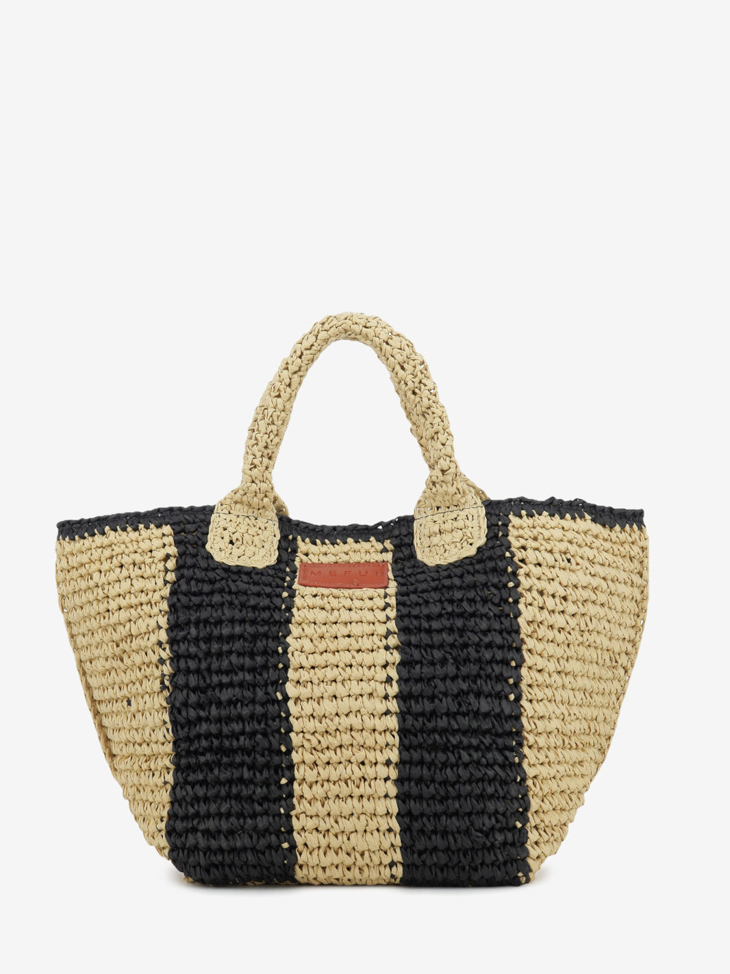 Beige / black raffia tote bag