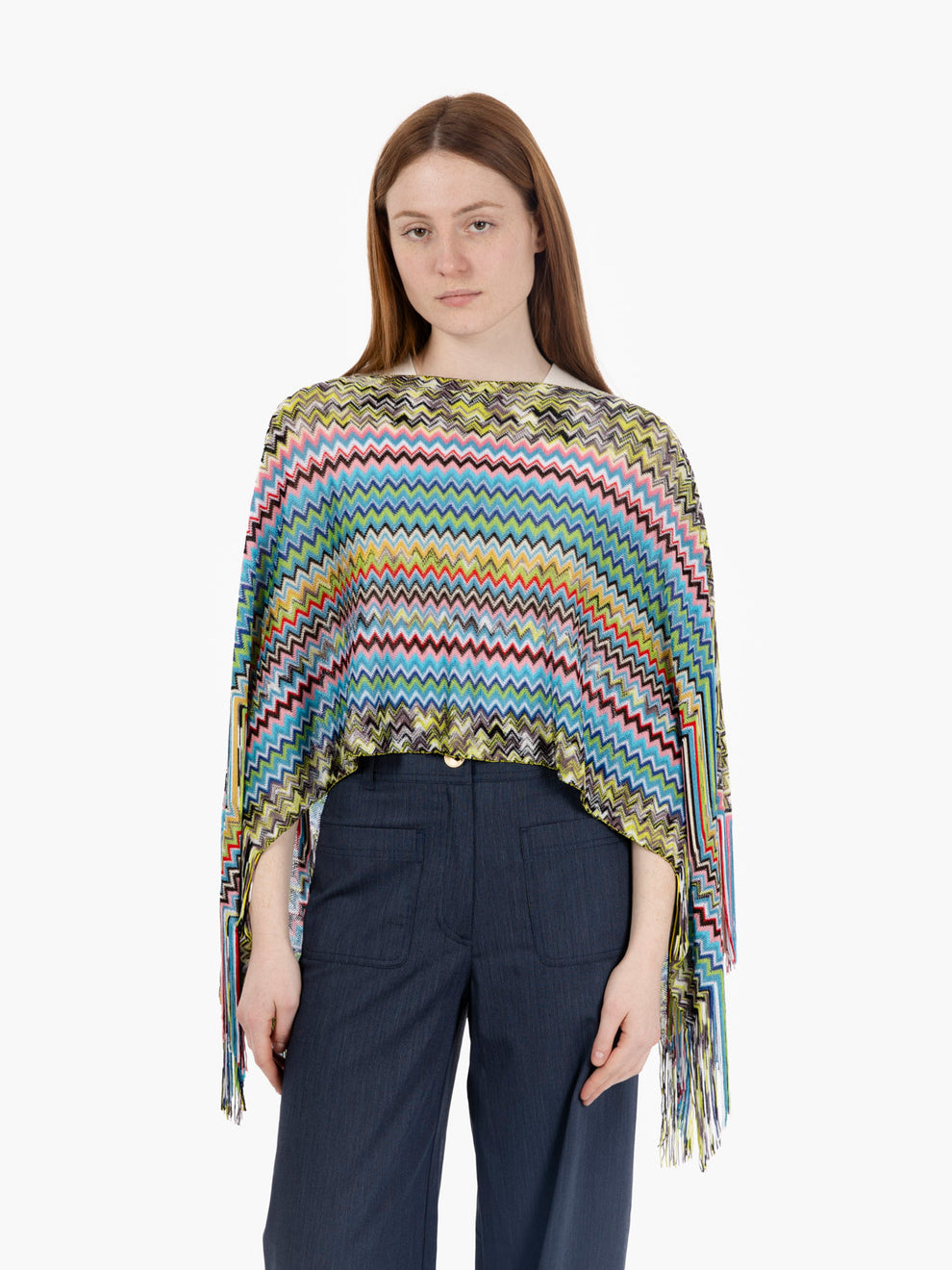 Short poncho with pink/blue fringes