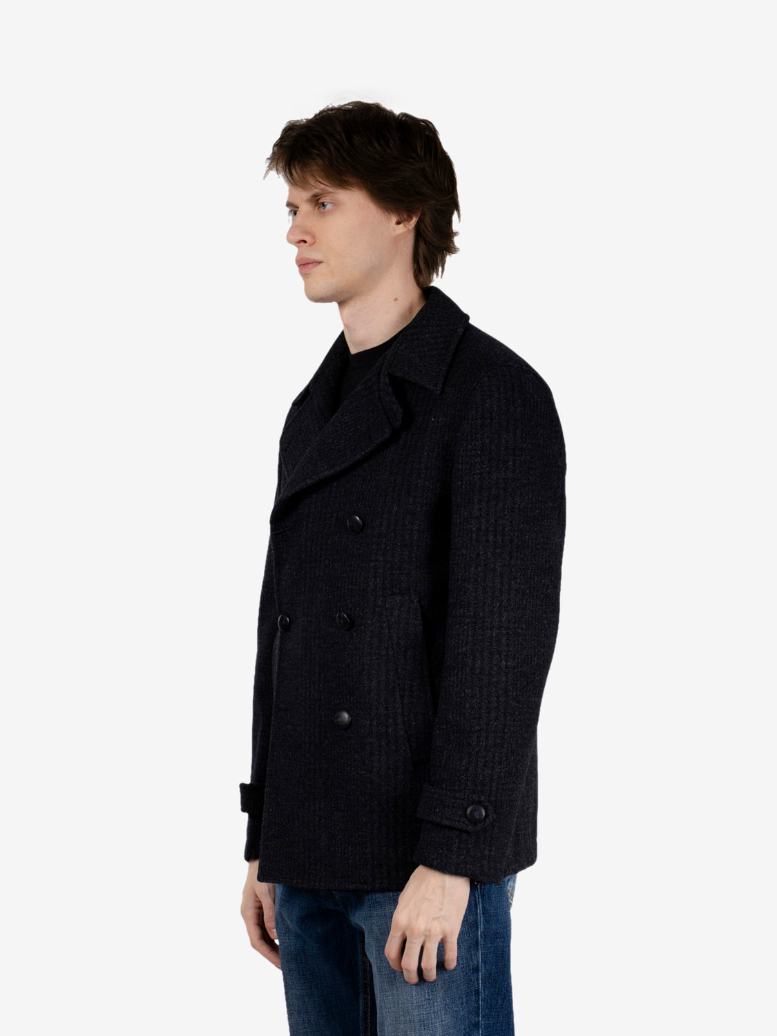 Short blue checked double-breasted coat