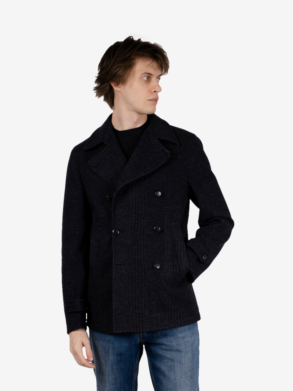 Short blue checked double-breasted coat
