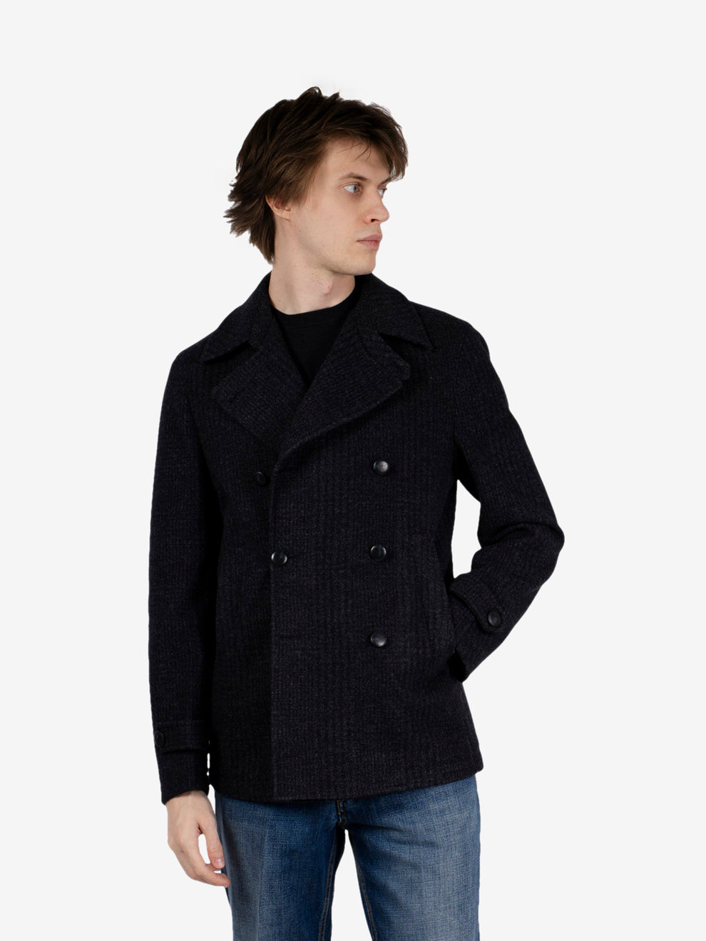 Short blue checked double-breasted coat