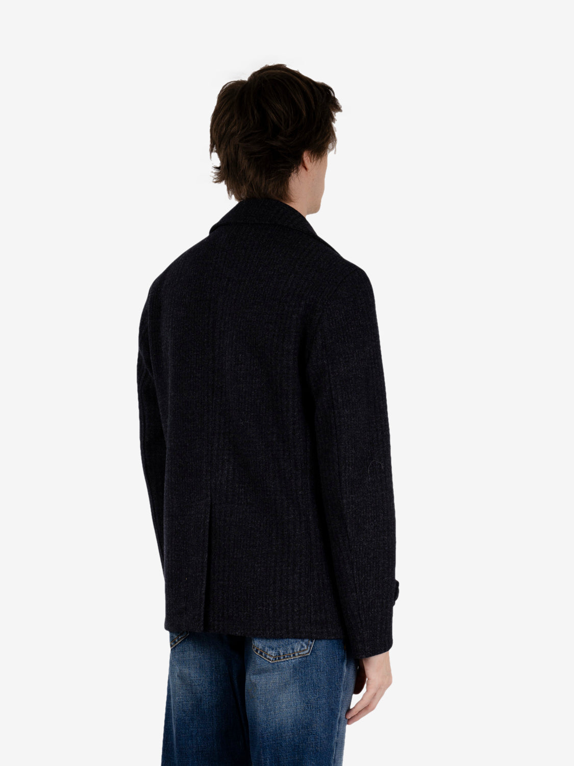 Short blue checked double-breasted coat