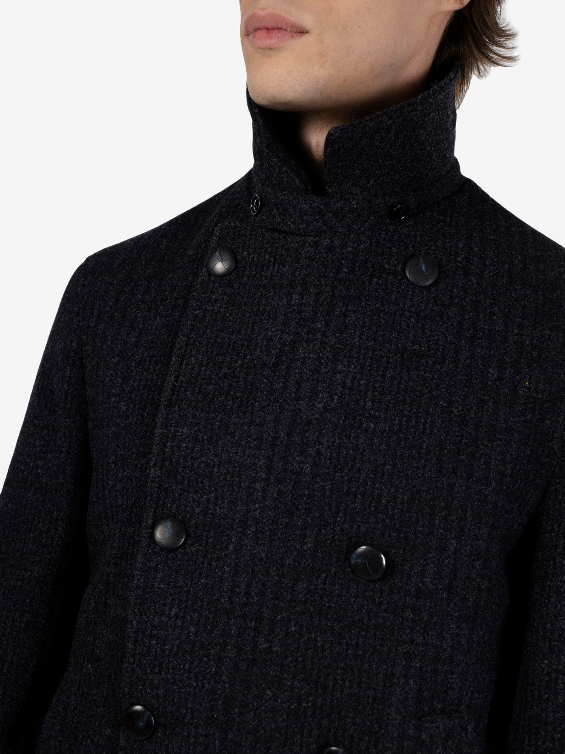 Short blue checked double-breasted coat