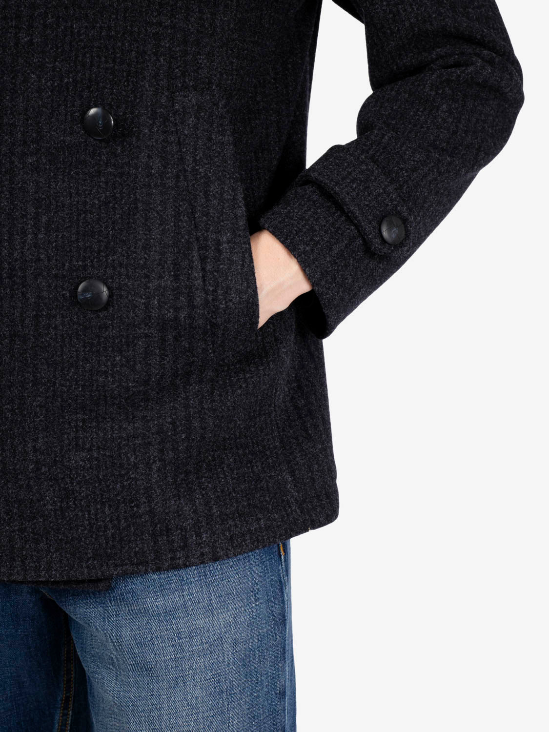 Short blue checked double-breasted coat
