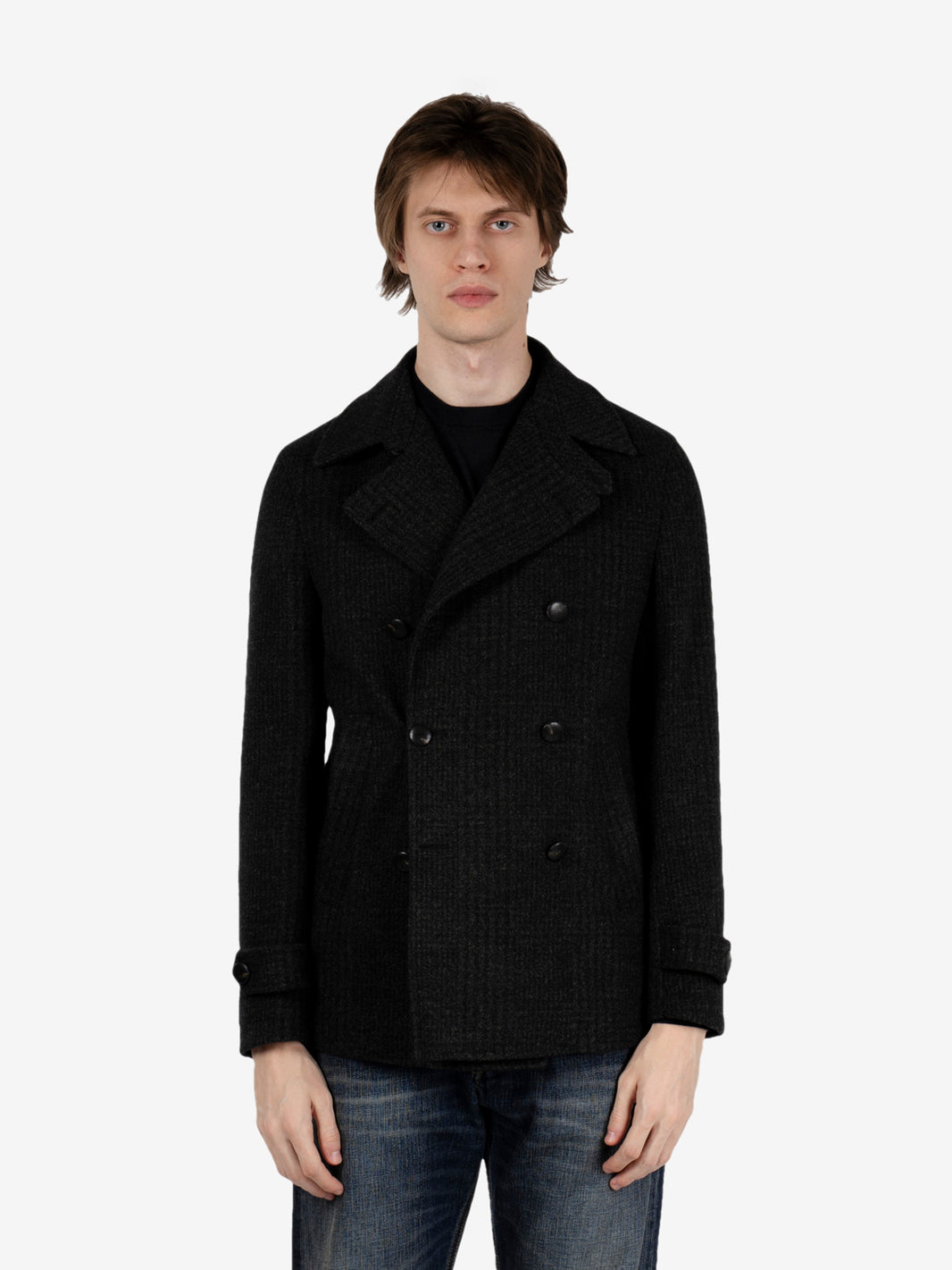 Short green checked double-breasted coat