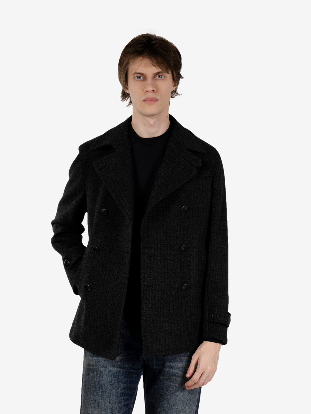 Short green checked double-breasted coat