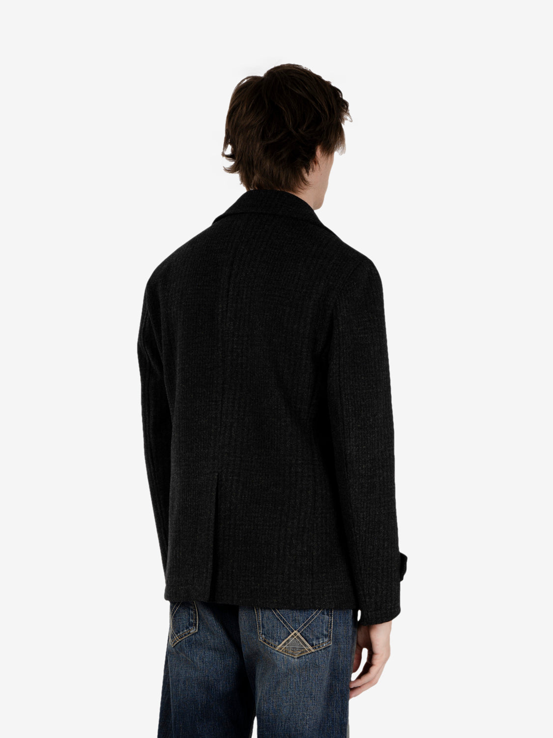 Short green checked double-breasted coat