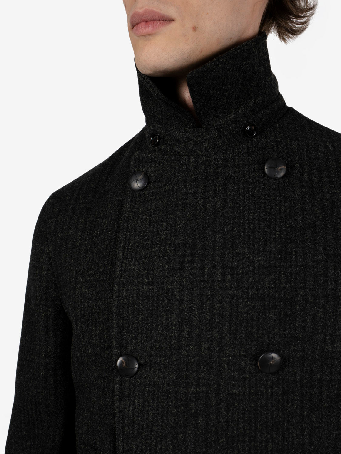Short green checked double-breasted coat