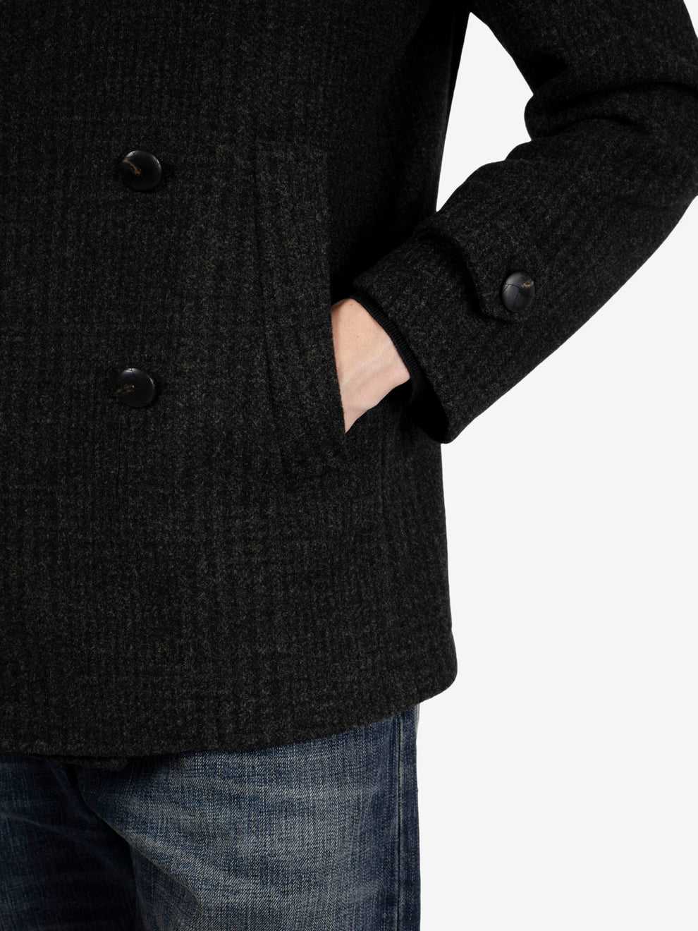 Short green checked double-breasted coat