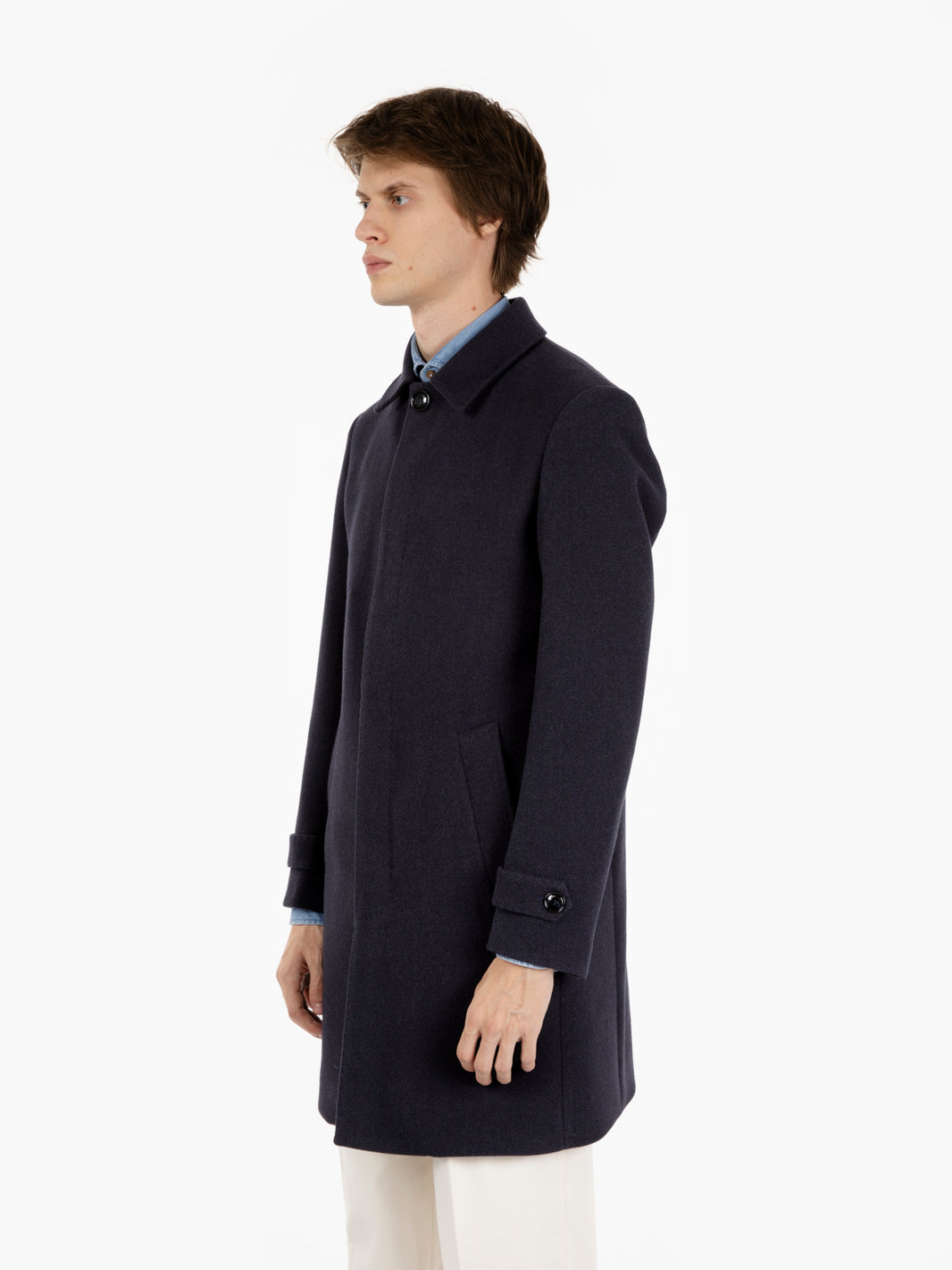 Long blue single-breasted coat