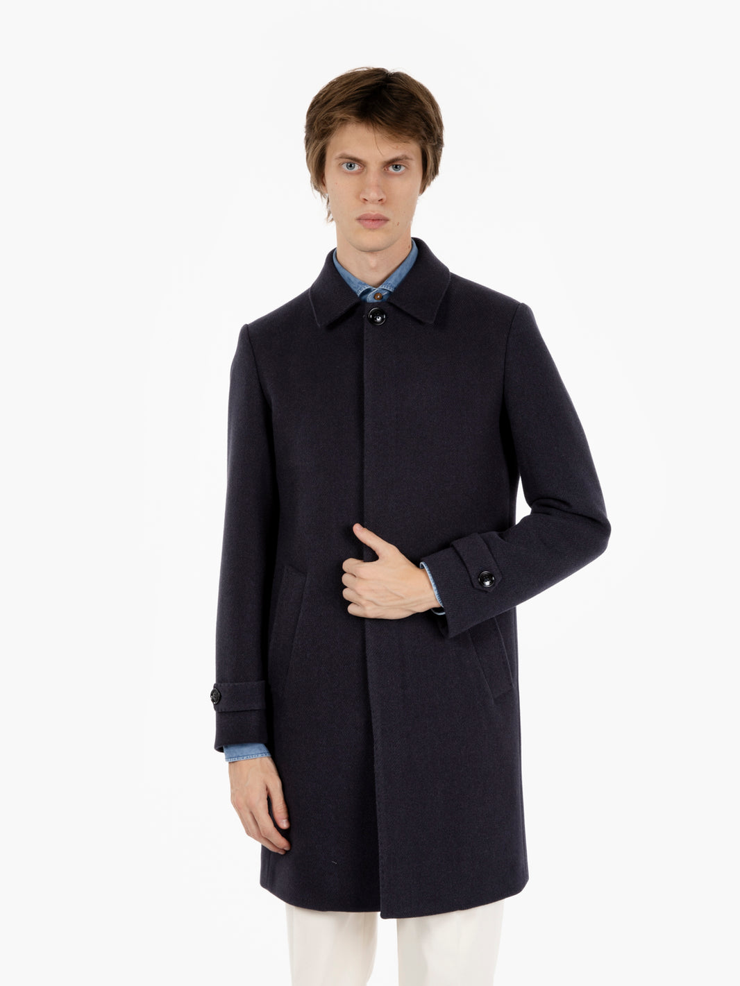 Long blue single-breasted coat