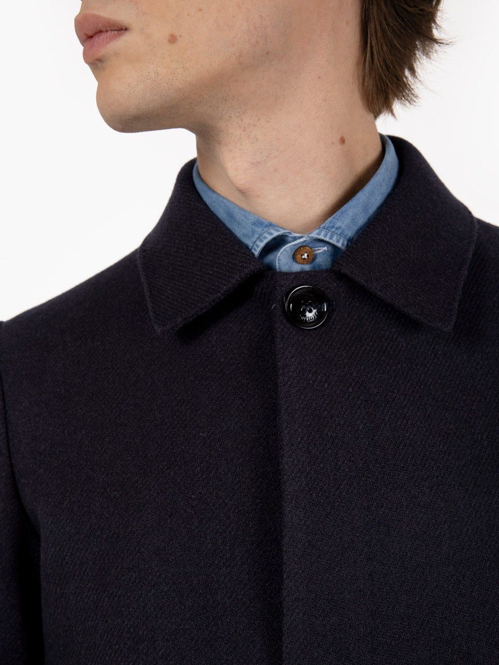 Long blue single-breasted coat