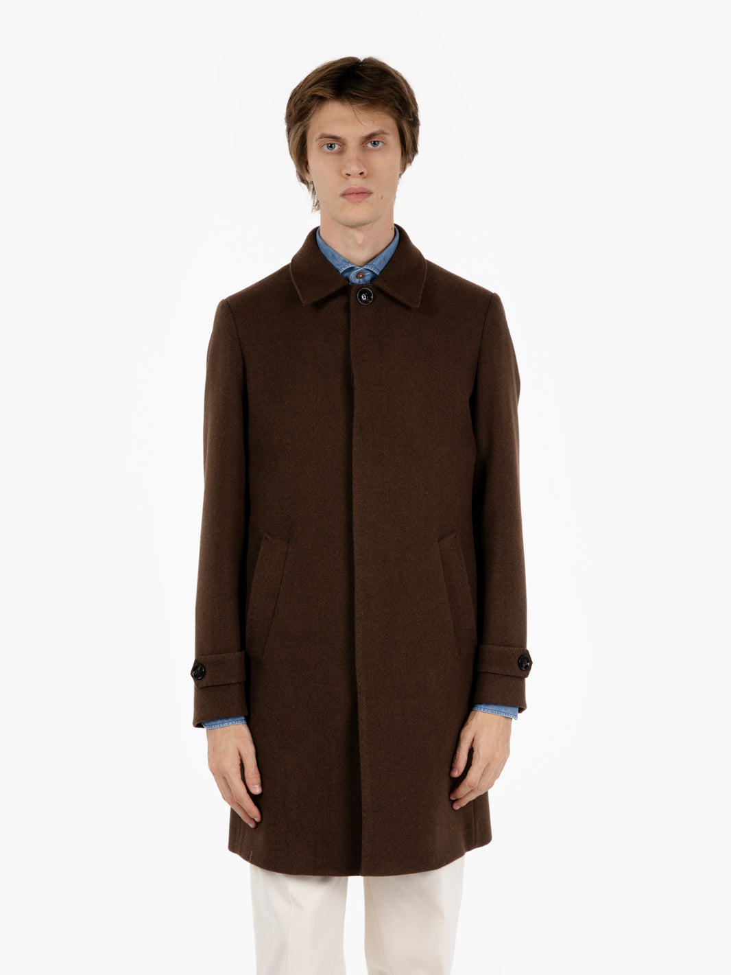 Long single-breasted dark brown coat