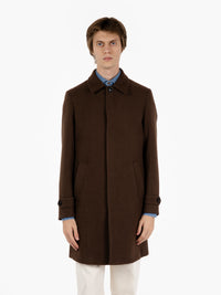 Long single-breasted dark brown coat