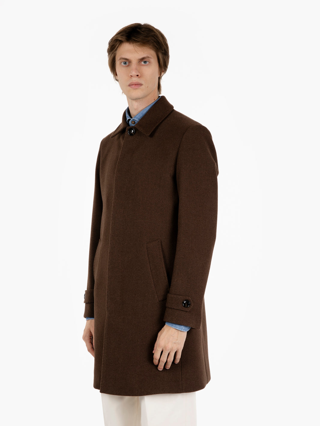 Long single-breasted dark brown coat