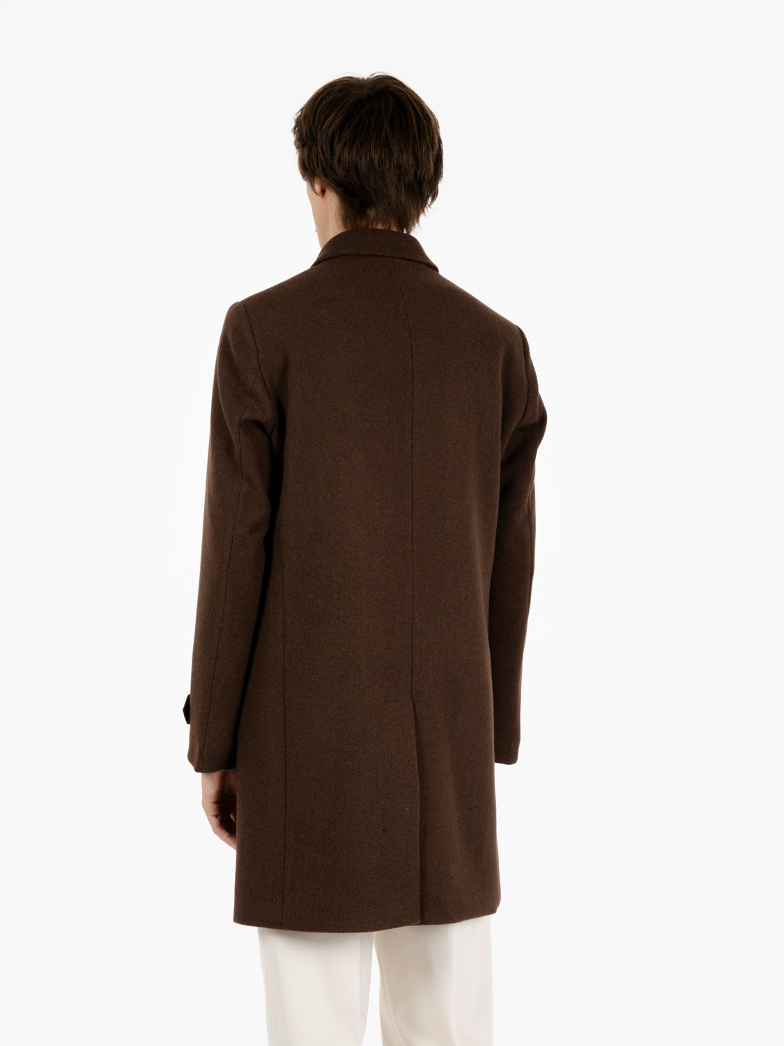 Long single-breasted dark brown coat