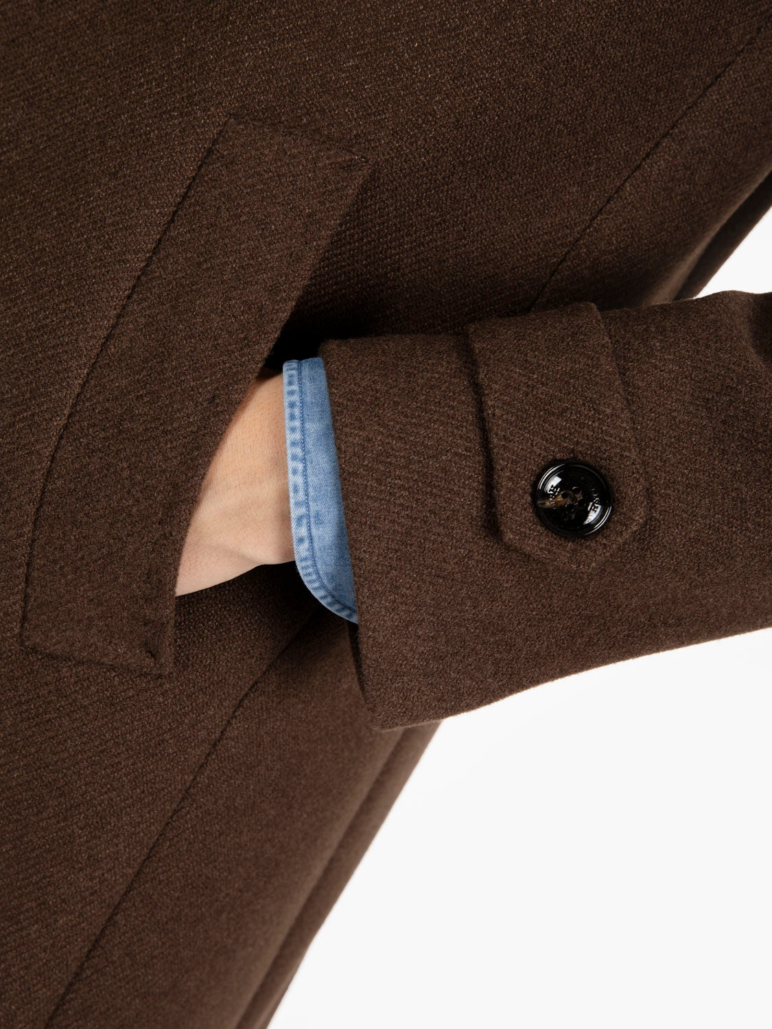 Long single-breasted dark brown coat