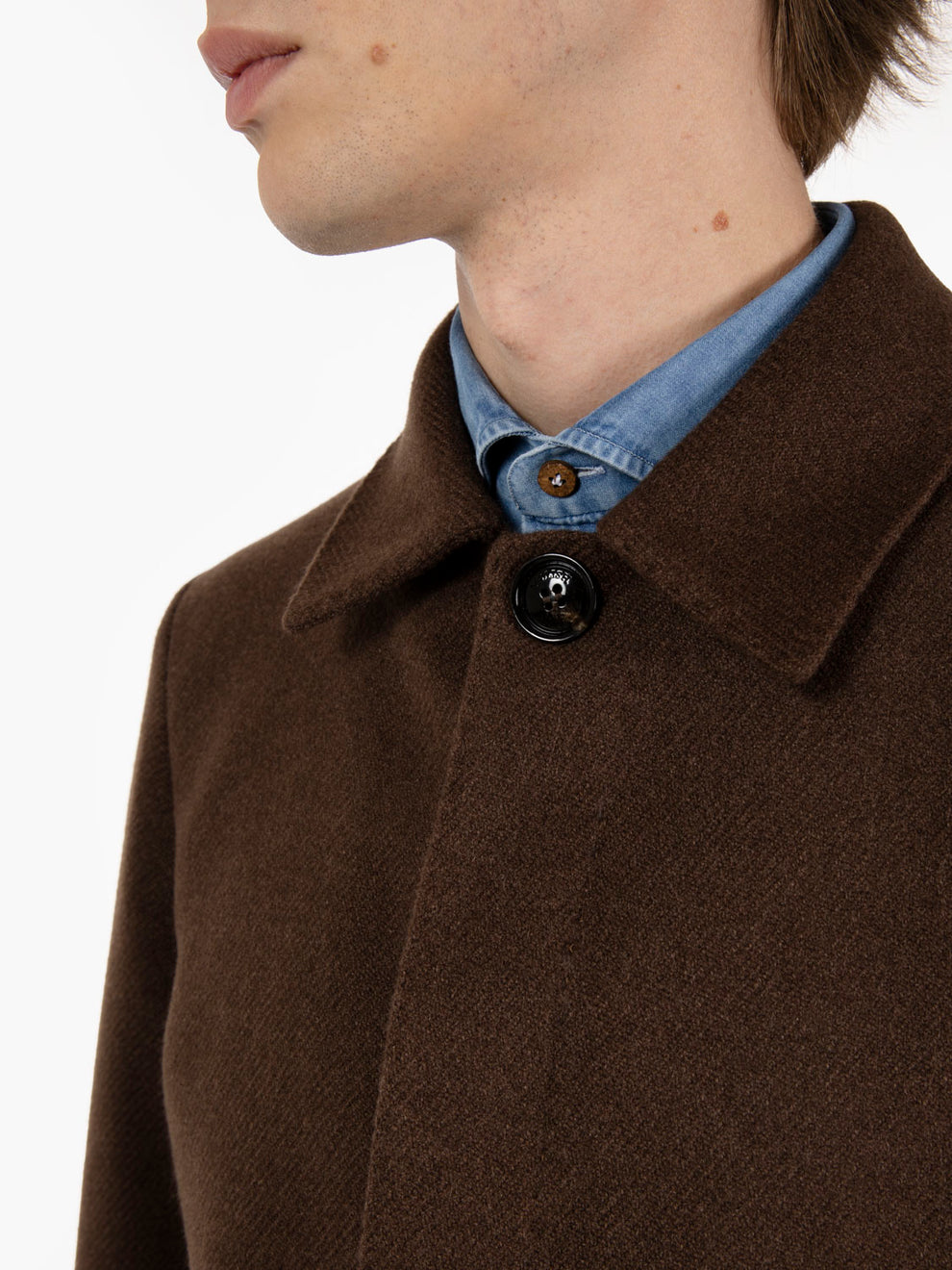 Long single-breasted dark brown coat